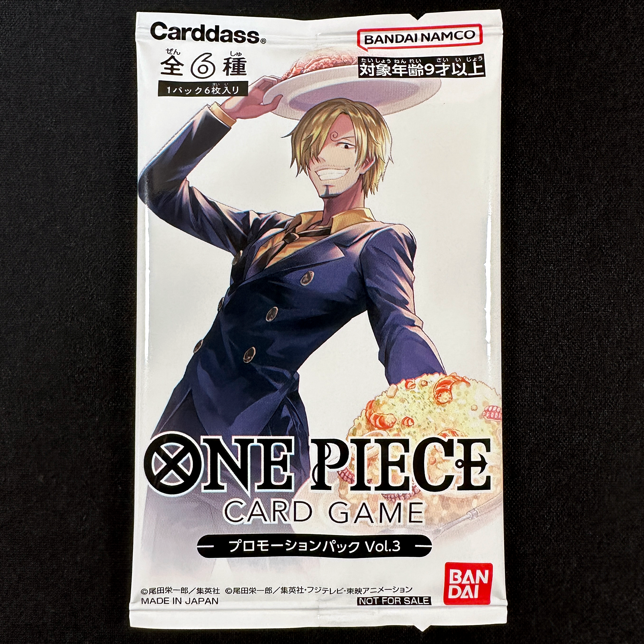 ONE PIECE CARD GAME Promotion Pack Vol.3 Release date: April 2023 Promotional booster from IRL event. Contain 6 cards: ST01-004 promotional card Sanji OP02-035 promotional card Trafalgar Law ST03-014 promotional card Marshall.D.Teach ST04-008 promotional card Jack OP02-098 promotional card Koby ST07-008 promotional card Charlotte Pudding