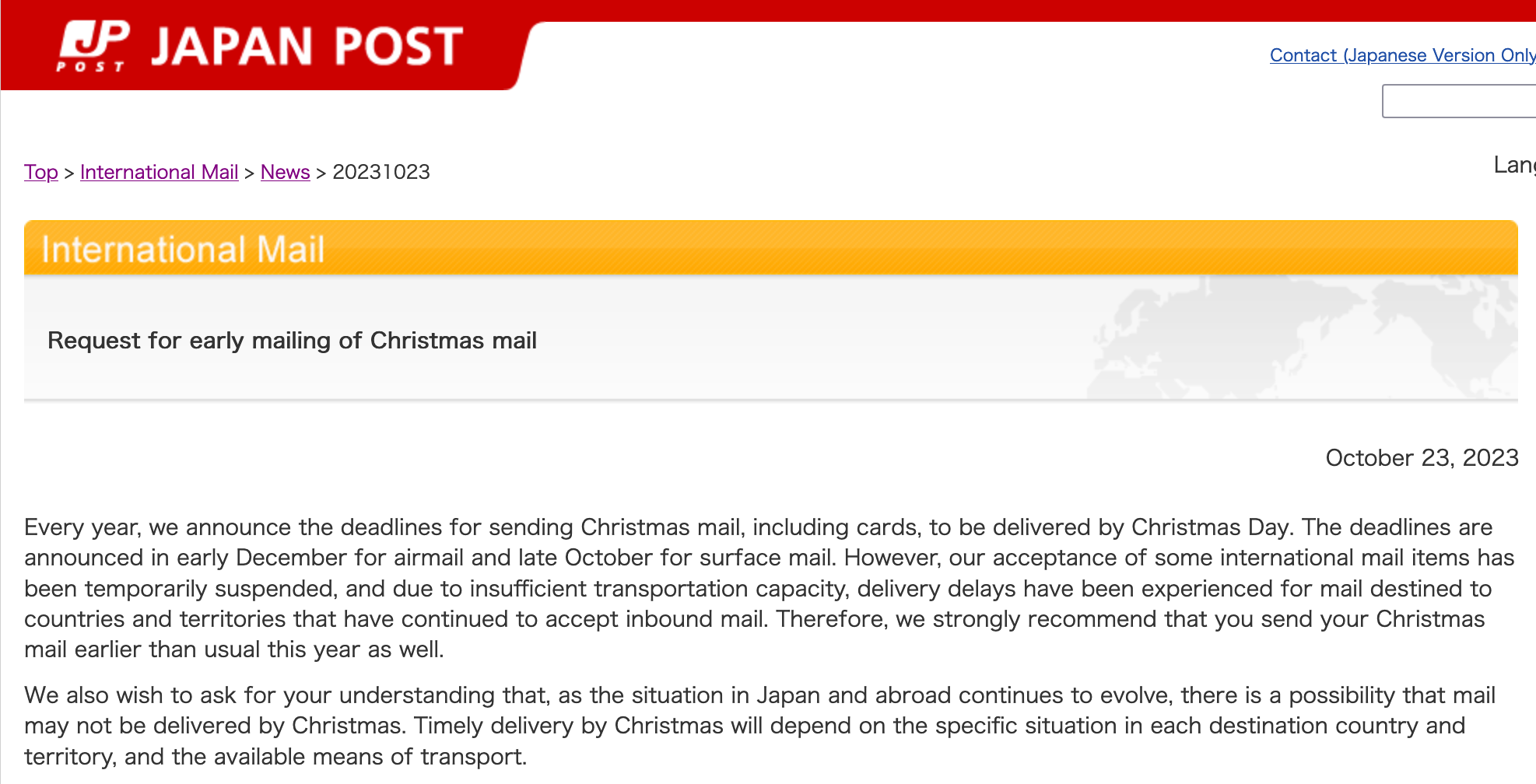Request for early mailing of Christmas mail
