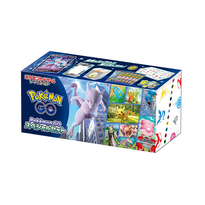 [s10b] POKÉMON CARD GAME Sword & Shield ｢Pokémon GO SPECIAL SET｣  Release date: June 17 2022      Enhanced expansion pack ｢Pokémon GO"｣ ×6 packs     Promo card 273/S-P ｢Mewtwo V｣ (Kira) ×1     Card box (outer case) ×1     7 stickers     Display frame ×1     Deck case ×1     Pokémon coin ×1  ※ 6 cards are randomly included in the expansion pack.